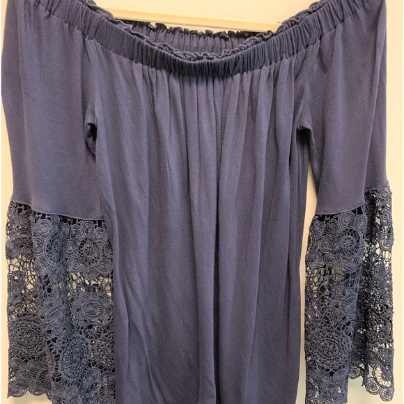 LOFT Navy Off Shoulder Lace Bell Sleeve Knit Top - Picture 3 of 7
